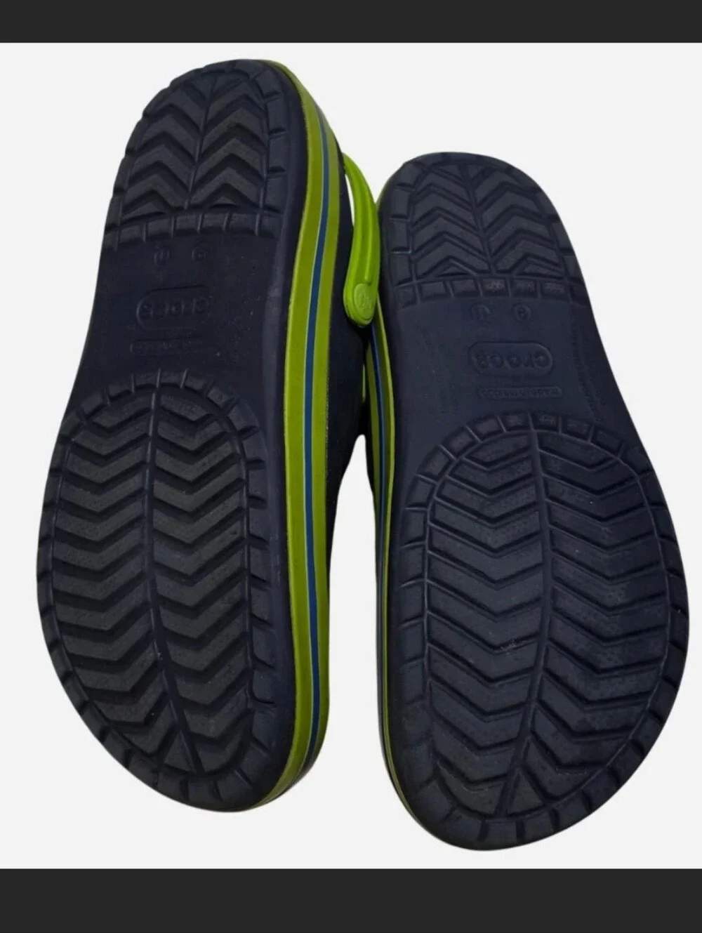 Crocs Crocband Clogs in the Navy Blue/Volt Lime Green colorway
